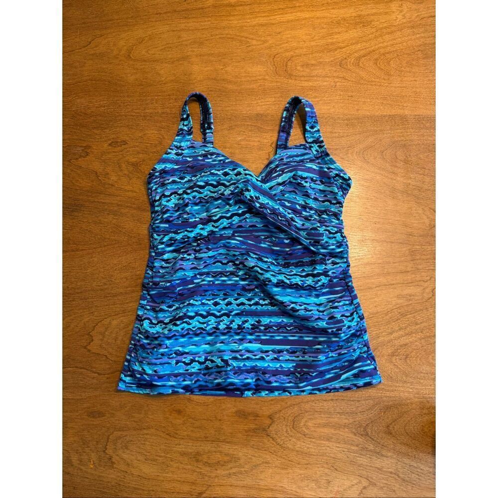 Lands' End Women's Abstract Wave Print Wrap Tankini Swim Top Navy Blue Size 6